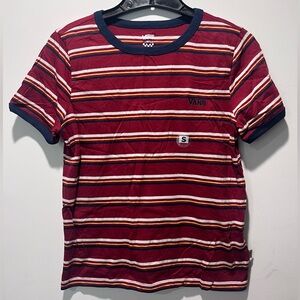 VANS Shirt Womens‎ Juniors Large Red Striped Script Ringer Crew Neck size Small